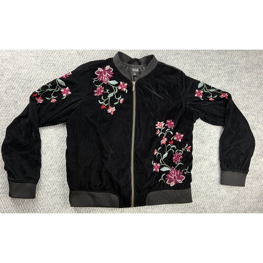 a.n.a. Womens L Black Velvet Floral Embroidered Bomber Jacket Boho